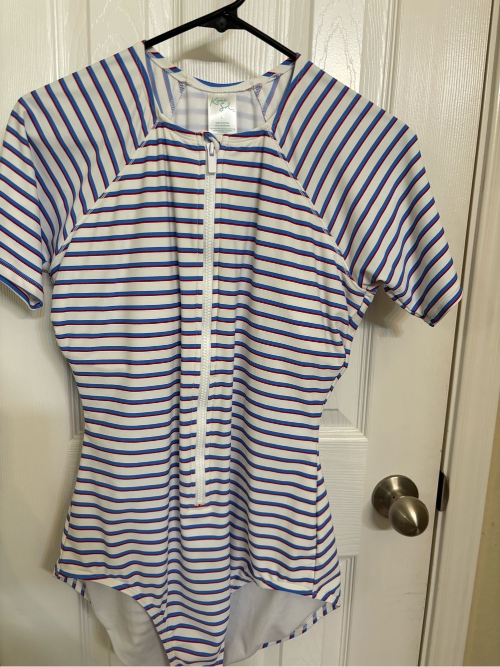 Kona Sol Zip-Front Short Sleeve Swimsuit - Blue & Red Stripes